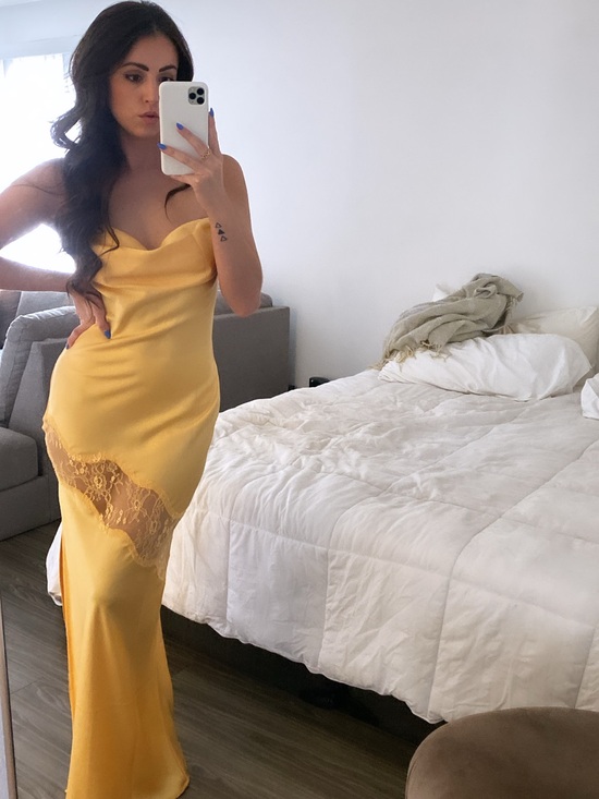 Meshki Dresses & Skirts - Meshki Yellow Satin Lace-Trim Maxi Dress